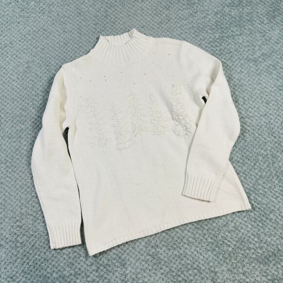 Vtg Y2K White Sequin Beaded Christmas Tree Winter Embroidered Mock Neck Sweater - Picture 1 of 8
